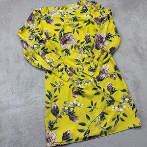 LOFT Dress Women 0 Shift Yellow Floral Long Sleeve Protea Print Mini Boho Office
